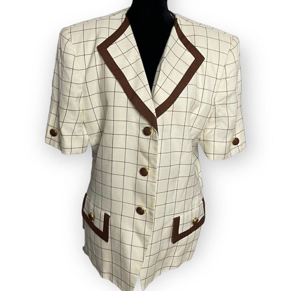 Vintage Kasper  ASL Womens Brown Cream Blazer Blouse Size Large Grid Print Top